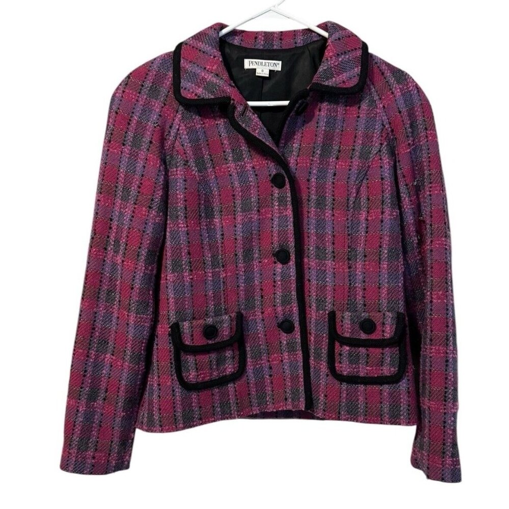 Pendleton Blazer Jacket Womens Size 8 Wool Blend Plaid Professional Classic City